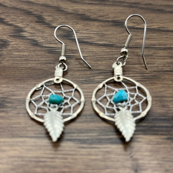 3 Pair | Silver Earrings Silver Tone |Faux  Turquoise|  Dream Catcher Earrings - Picture 4 of 11